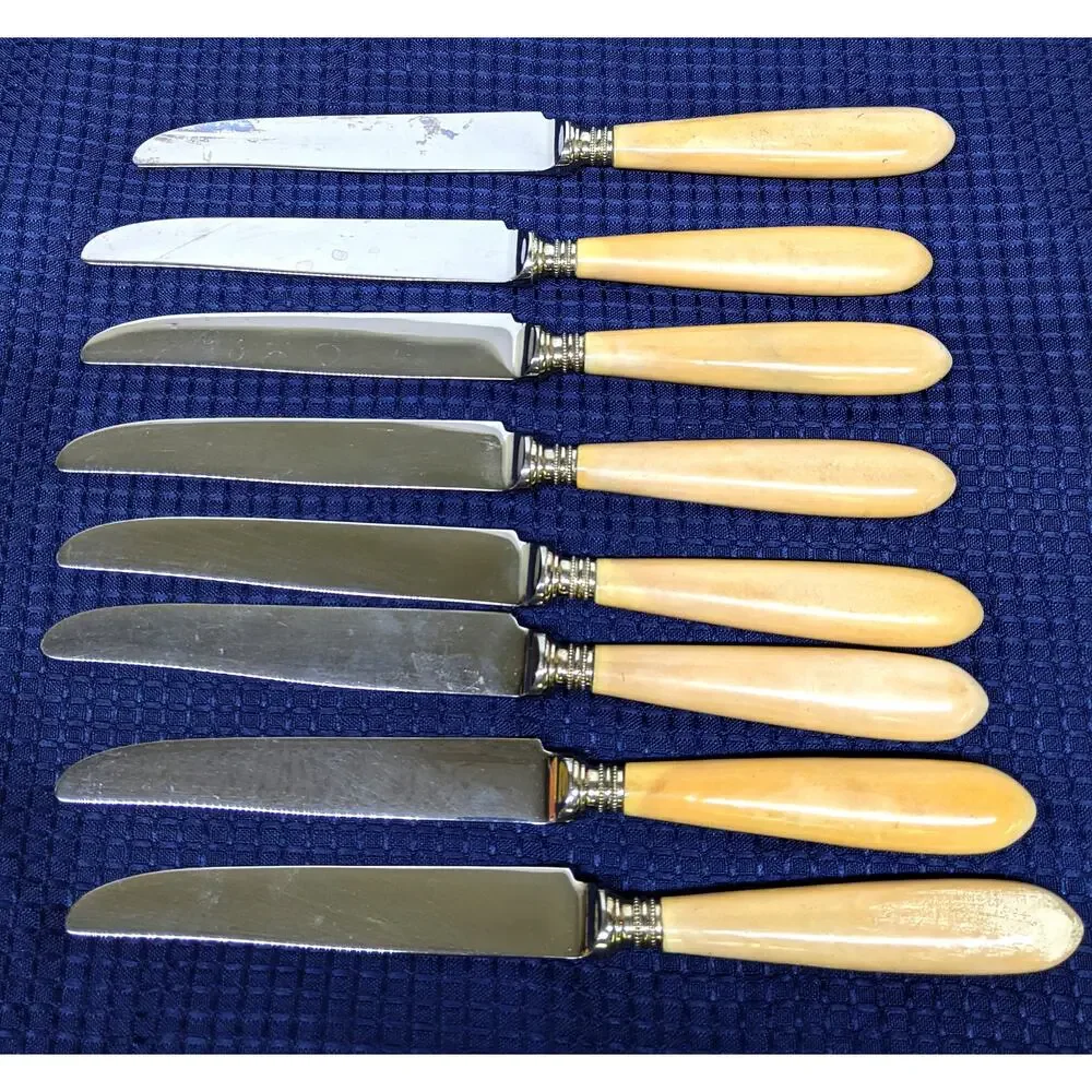 Vintage Set of 8 Butter Knives - INOX of Italy, bone-colored / tinted handles